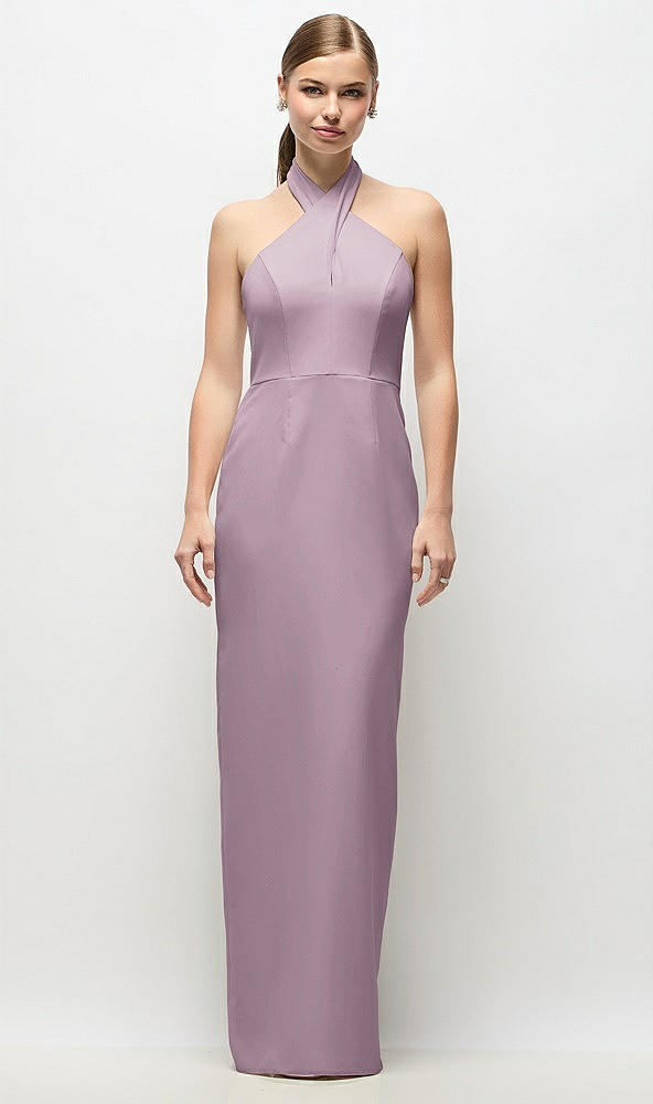 Front View - Suede Rose Criss-Cross Halter Open-Back Crepe Column Maxi Dress