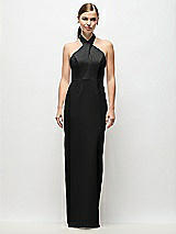 Front View Thumbnail - Black Criss-Cross Halter Open-Back Crepe Column Maxi Dress