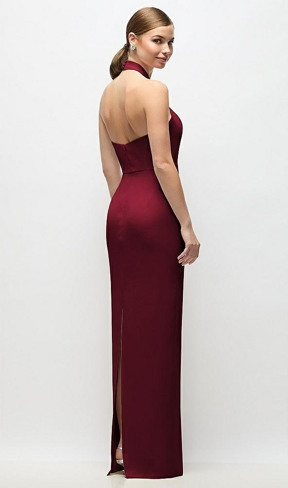 Back View - Burgundy Criss-Cross Halter Open-Back Crepe Column Maxi Dress