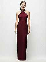 Front View Thumbnail - Cabernet Criss-Cross Halter Open-Back Crepe Column Maxi Dress