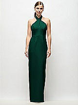 Front View Thumbnail - Hunter Green Criss-Cross Halter Open-Back Crepe Column Maxi Dress