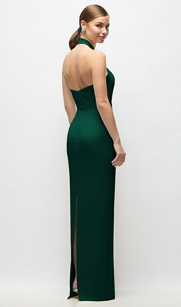 Back View - Hunter Green Criss-Cross Halter Open-Back Crepe Column Maxi Dress