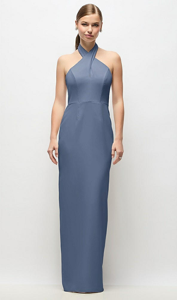 Front View - Larkspur Blue Criss-Cross Halter Open-Back Crepe Column Maxi Dress