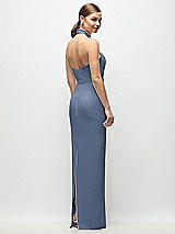 Rear View Thumbnail - Larkspur Blue Criss-Cross Halter Open-Back Crepe Column Maxi Dress