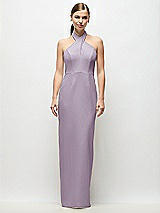 Front View Thumbnail - Lilac Haze Criss-Cross Halter Open-Back Crepe Column Maxi Dress