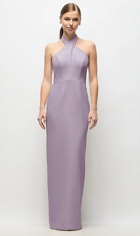 Front View - Lilac Haze Criss-Cross Halter Open-Back Crepe Column Maxi Dress
