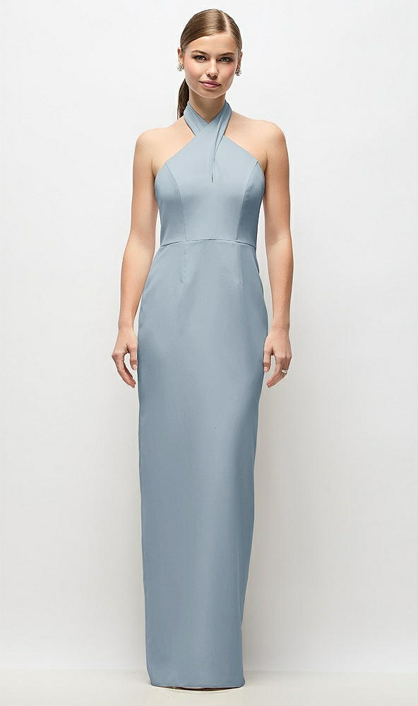 Front View - Mist Criss-Cross Halter Open-Back Crepe Column Maxi Dress