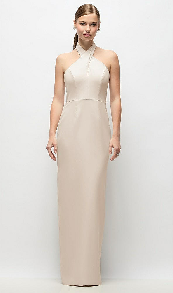 Front View - Oat Criss-Cross Halter Open-Back Crepe Column Maxi Dress