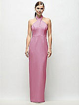 Front View Thumbnail - Powder Pink Criss-Cross Halter Open-Back Crepe Column Maxi Dress