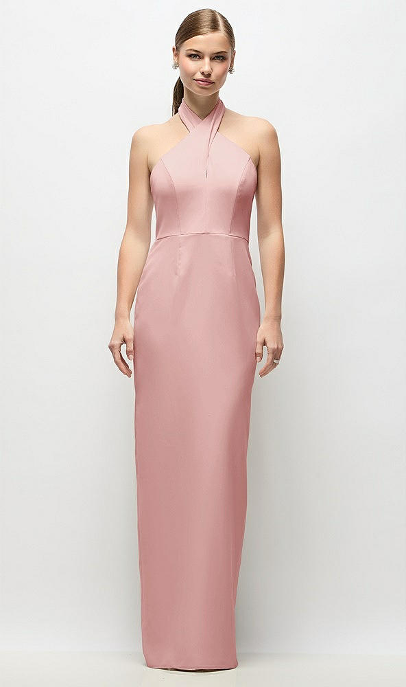 Front View - Rose Criss-Cross Halter Open-Back Crepe Column Maxi Dress