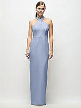 Front View Thumbnail - Sky Blue Criss-Cross Halter Open-Back Crepe Column Maxi Dress