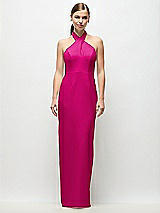 Front View Thumbnail - Think Pink Criss-Cross Halter Open-Back Crepe Column Maxi Dress