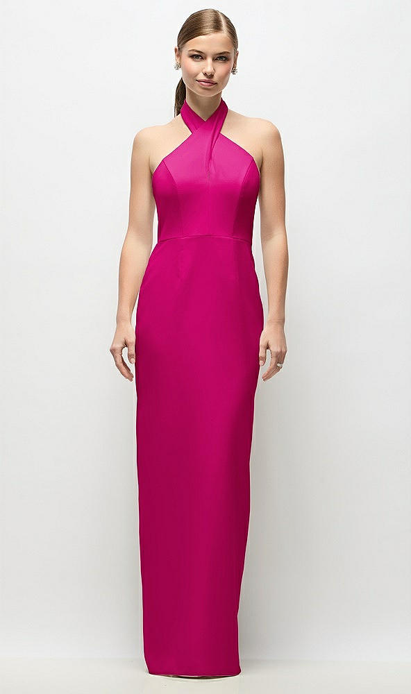 Front View - Think Pink Criss-Cross Halter Open-Back Crepe Column Maxi Dress