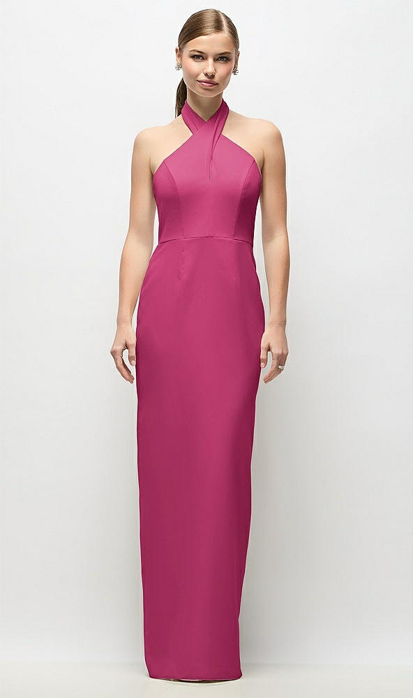 Front View - Tea Rose Criss-Cross Halter Open-Back Crepe Column Maxi Dress