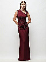 Front View Thumbnail - Cabernet Asymmetrical Cap Sleeve Matte Jersey Column Maxi Dress with Fanned Ruching