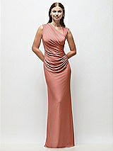 Front View Thumbnail - Desert Rose Asymmetrical Cap Sleeve Matte Jersey Column Maxi Dress with Fanned Ruching