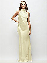 Front View Thumbnail - Butter Yellow Draped Scarf Halter Open-Back Stretch Satin Bias Maxi Dress with Adjustable Straps