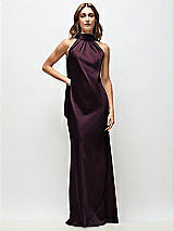 Front View Thumbnail - Deep Plum Draped Scarf Halter Open-Back Stretch Satin Bias Maxi Dress with Adjustable Straps