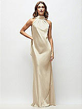 Front View Thumbnail - Champagne Draped Scarf Halter Open-Back Stretch Satin Bias Maxi Dress with Adjustable Straps