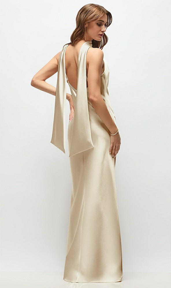 Back View - Champagne Draped Scarf Halter Open-Back Stretch Satin Bias Maxi Dress with Adjustable Straps