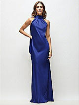Front View Thumbnail - Cobalt Blue Draped Scarf Halter Open-Back Stretch Satin Bias Maxi Dress with Adjustable Straps