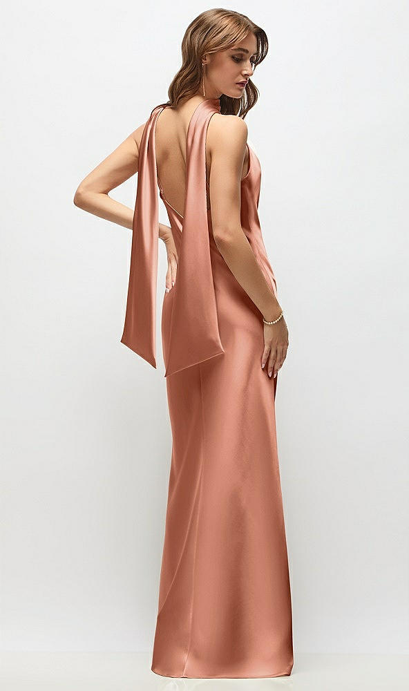 Back View - Copper Penny Draped Scarf Halter Open-Back Stretch Satin Bias Maxi Dress with Adjustable Straps