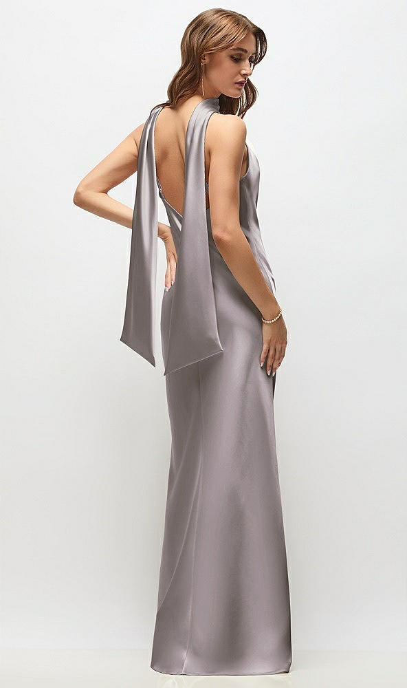 Back View - Cashmere Gray Draped Scarf Halter Open-Back Stretch Satin Bias Maxi Dress with Adjustable Straps