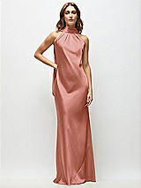 Front View Thumbnail - Desert Rose Draped Scarf Halter Open-Back Stretch Satin Bias Maxi Dress with Adjustable Straps