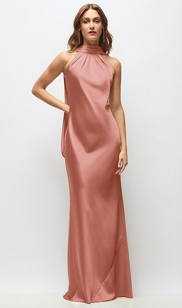 Front View - Desert Rose Draped Scarf Halter Open-Back Stretch Satin Bias Maxi Dress with Adjustable Straps
