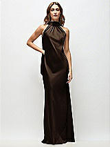 Front View Thumbnail - Espresso Draped Scarf Halter Open-Back Stretch Satin Bias Maxi Dress with Adjustable Straps