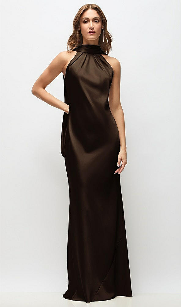 Front View - Espresso Draped Scarf Halter Open-Back Stretch Satin Bias Maxi Dress with Adjustable Straps