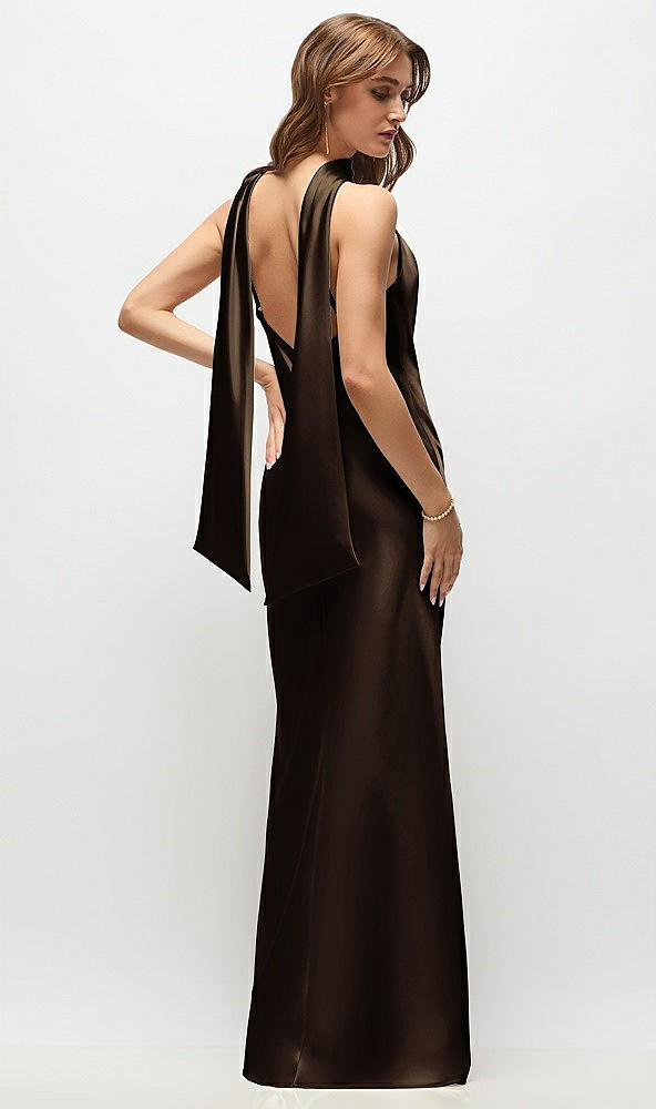Back View - Espresso Draped Scarf Halter Open-Back Stretch Satin Bias Maxi Dress with Adjustable Straps