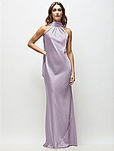 Front View Thumbnail - Lilac Haze Draped Scarf Halter Open-Back Stretch Satin Bias Maxi Dress with Adjustable Straps
