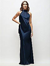 Front View Thumbnail - Midnight Navy Draped Scarf Halter Open-Back Stretch Satin Bias Maxi Dress with Adjustable Straps