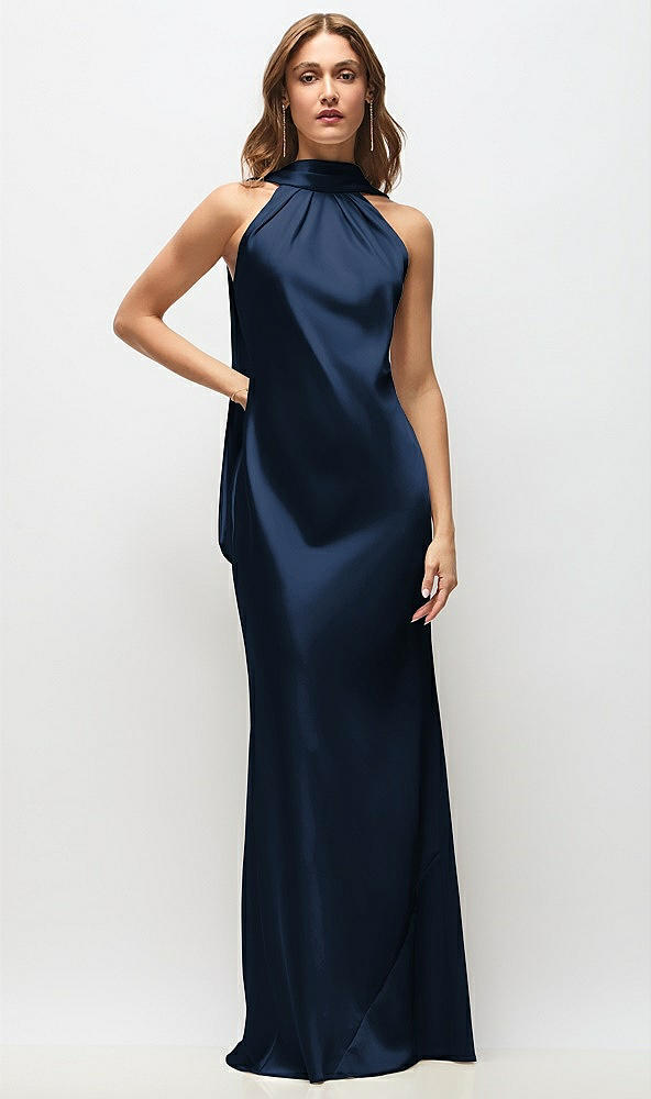 Front View - Midnight Navy Draped Scarf Halter Open-Back Stretch Satin Bias Maxi Dress with Adjustable Straps