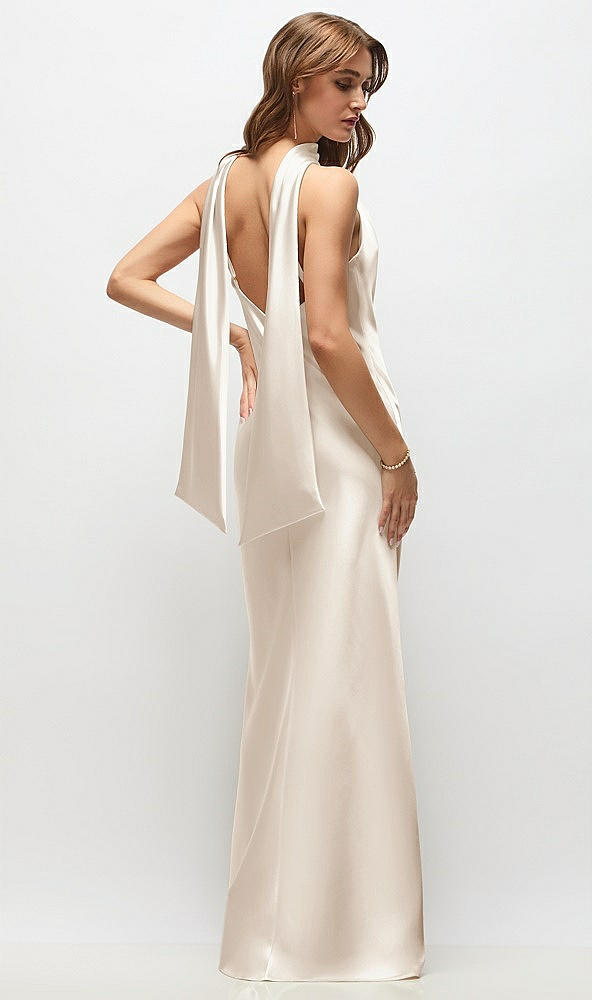 Back View - Oat Draped Scarf Halter Open-Back Stretch Satin Bias Maxi Dress with Adjustable Straps