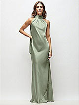 Front View Thumbnail - Sage Draped Scarf Halter Open-Back Stretch Satin Bias Maxi Dress with Adjustable Straps