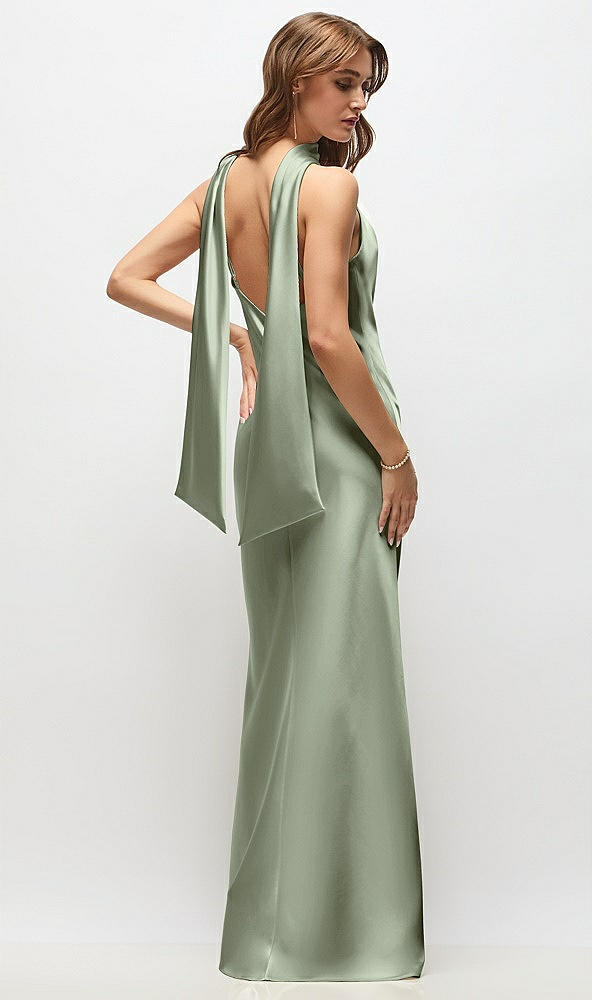 Back View - Sage Draped Scarf Halter Open-Back Stretch Satin Bias Maxi Dress with Adjustable Straps
