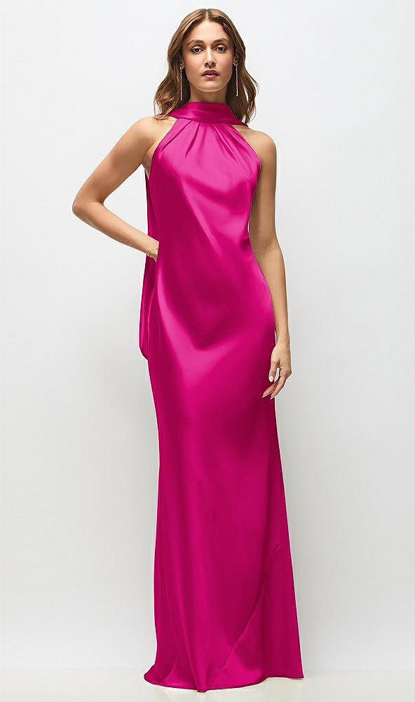 Front View - Think Pink Draped Scarf Halter Open-Back Stretch Satin Bias Maxi Dress with Adjustable Straps