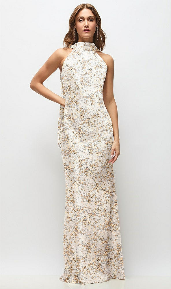 Front View - Golden Hour Draped Scarf Halter Open-Back Floral Stretch Satin Bias Maxi Dress with Adjustable Straps