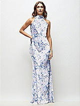 Front View Thumbnail - Magnolia Sky Draped Scarf Halter Open-Back Floral Stretch Satin Bias Maxi Dress with Adjustable Straps