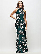 Front View Thumbnail - Vintage Primrose Evergreen Draped Scarf Halter Open-Back Floral Stretch Satin Bias Maxi Dress with Adjustable Straps