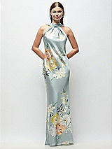 Front View Thumbnail - Mist Multi Draped Scarf Halter Open-Back Painterly Floral Stretch Satin Bias Maxi Dress with Adjustable Straps