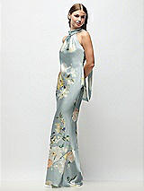 Side View Thumbnail - Mist Multi Draped Scarf Halter Open-Back Painterly Floral Stretch Satin Bias Maxi Dress with Adjustable Straps