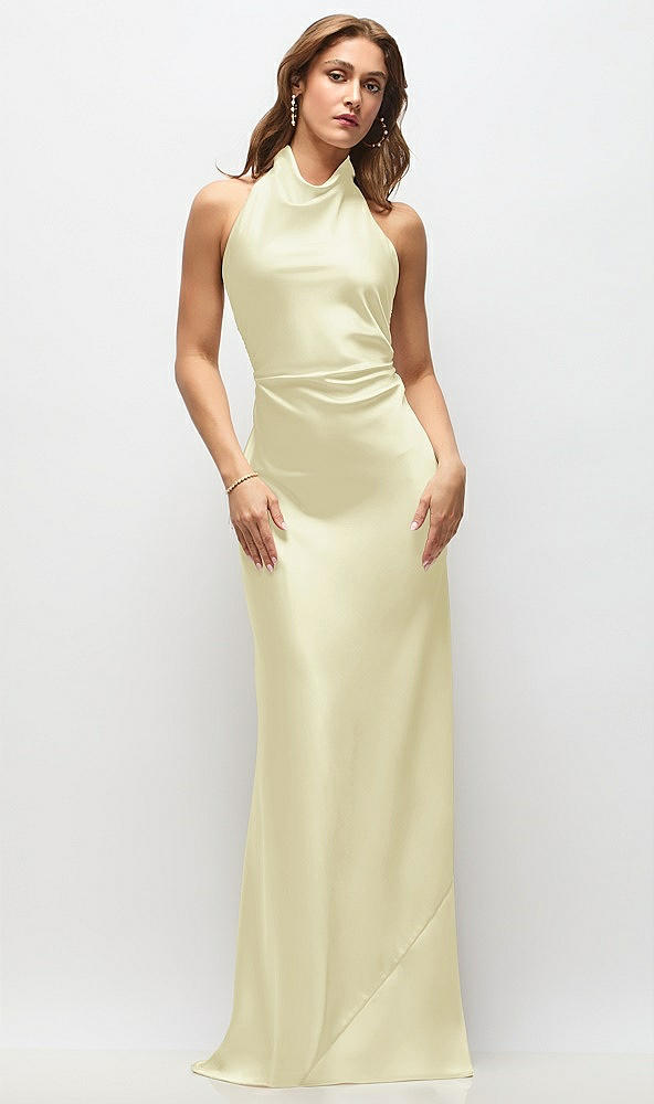 Front View - Butter Yellow High Cowl Neck Open-Back Stretch Satin Bias Maxi Dress
