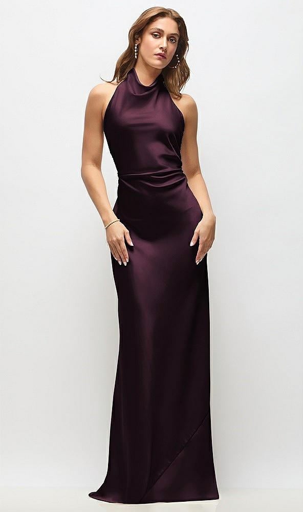 Front View - Deep Plum High Cowl Neck Open-Back Stretch Satin Bias Maxi Dress