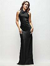 Front View Thumbnail - Black High Cowl Neck Open-Back Stretch Satin Bias Maxi Dress