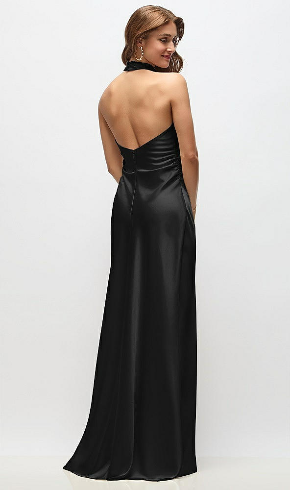 Back View - Black High Cowl Neck Open-Back Stretch Satin Bias Maxi Dress