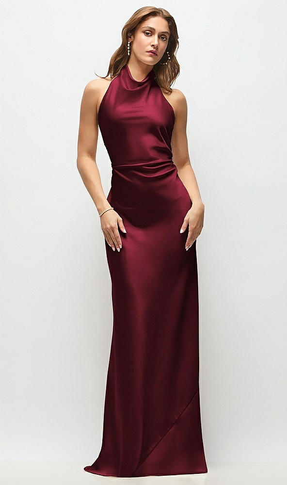 Front View - Cabernet High Cowl Neck Open-Back Stretch Satin Bias Maxi Dress