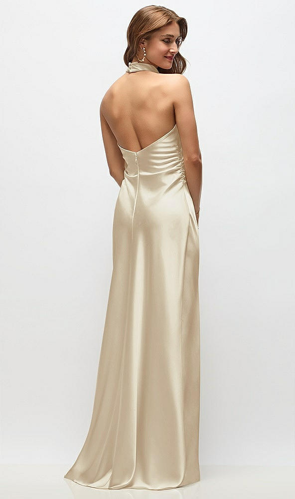 Back View - Champagne High Cowl Neck Open-Back Stretch Satin Bias Maxi Dress